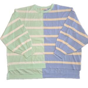 Colorblock Striped Sweater Blue Green Soft Knit M/L Casual Coastal